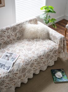 1pc Floral Print Ruffle Trim Decor Sofa Towel - Multicolor - View 5