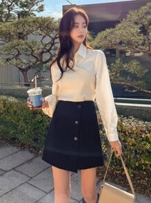 DAZY Váy ống rộng cài nút phía trước thời trang thu đông - màu đen - Xem 6