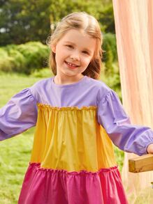 SHEIN Toddler Girls Colourblock Frill Trim Ruffle Hem Smock Dress - Multicolor - View 3