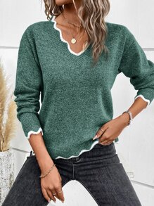 SHEIN LUNE Áo len nữ Tương phản ràng buộc màu trơn Giải trí - Màu xanh lá cây đậm - Xem 1