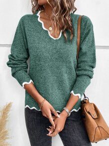 SHEIN LUNE Áo len nữ Tương phản ràng buộc màu trơn Giải trí - Màu xanh lá cây đậm - Xem 6