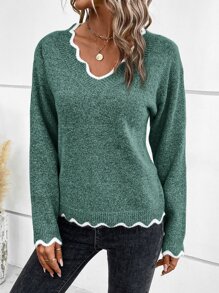 SHEIN LUNE Áo len nữ Tương phản ràng buộc màu trơn Giải trí - Màu xanh lá cây đậm - Xem 7