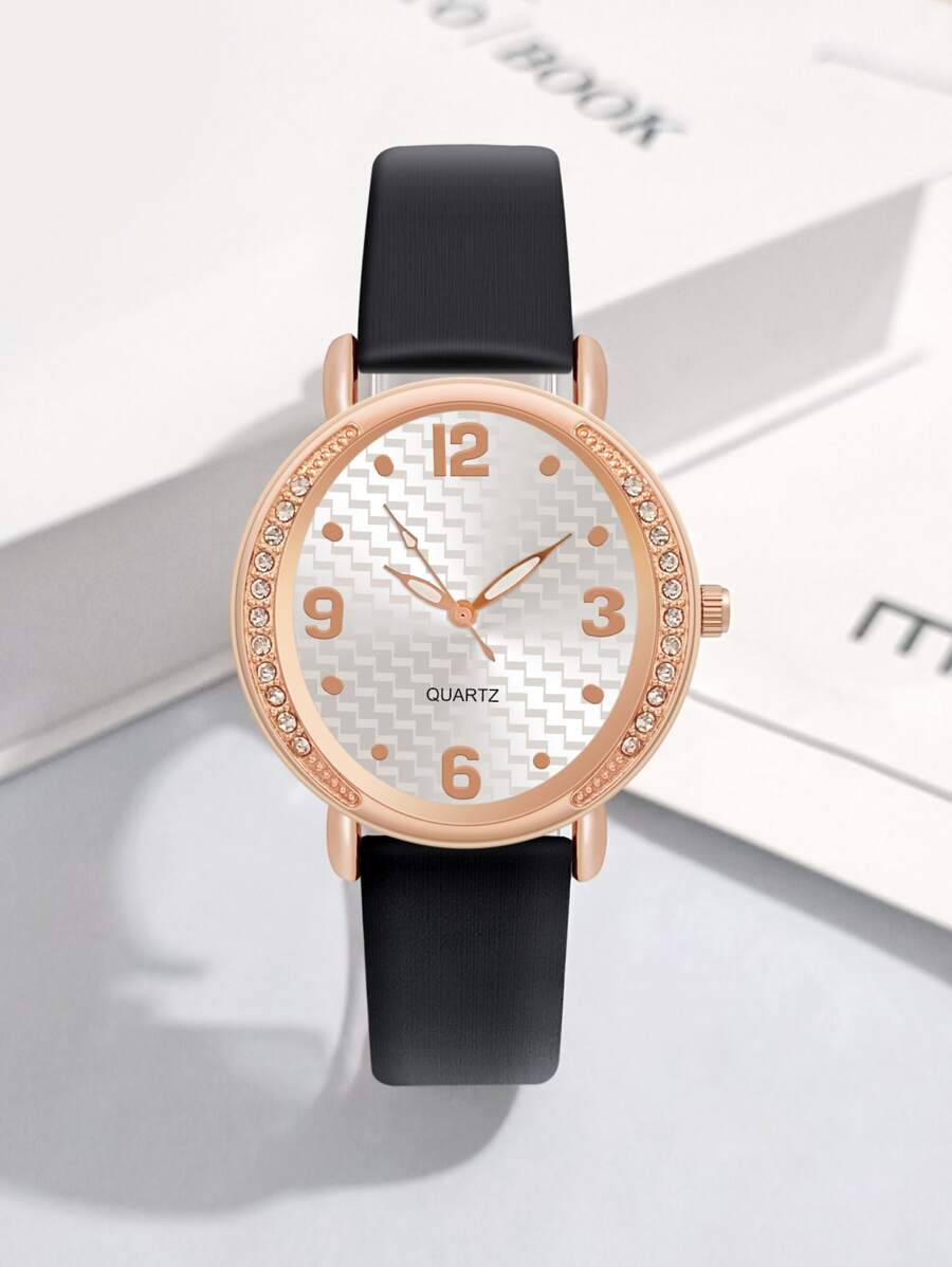1只女士皮革錶帶石英手錶 - 黑色 - 查看 1