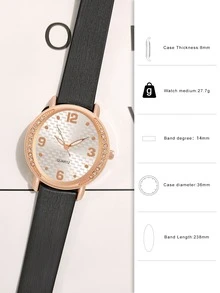 1只女士皮革錶帶石英手錶 - 黑色 - 查看 3