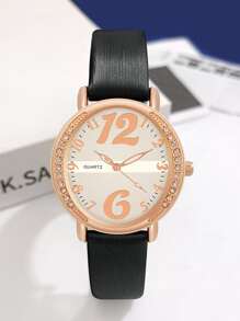 水鑽裝飾圓形指針石英手錶 - 黑色 - 查看 1