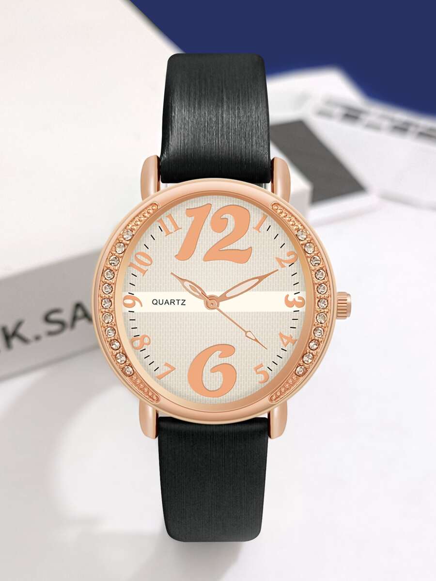水鑽裝飾圓形指針石英手錶 - 黑色 - 查看 1