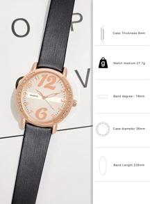 水鑽裝飾圓形指針石英手錶 - 黑色 - 查看 3