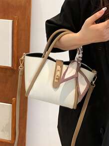 Textured Skinny Scarf Decor Bucket Bag With Inner Pouch - Khaki - View 2