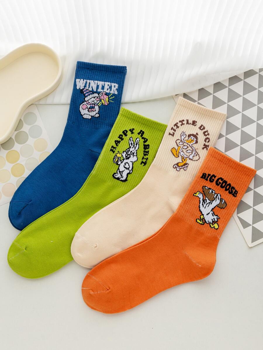 4 pares Calcetines de tripulación con dibujos animados con estampado de conejo y letra - Multicolor - Ver 1