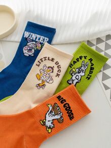 4 pares Calcetines de tripulación con dibujos animados con estampado de conejo y letra - Multicolor - Ver 3