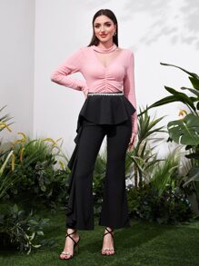 Modelyn Ruffle Trim Flare Leg Trousers - Black - View 4