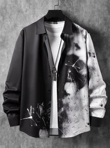 Manfinity Homme Men Random Dragonfly And Floral Print Shirt Without Tee - Black and White - View 1