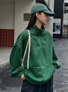 DAZY Letter Embroidery Half Zip Drop Shoulder Kangaroo Pocket Flannel Sweatshirt - Green - View 1