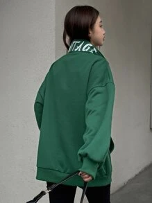DAZY Letter Embroidery Half Zip Drop Shoulder Kangaroo Pocket Flannel Sweatshirt - Green - View 2