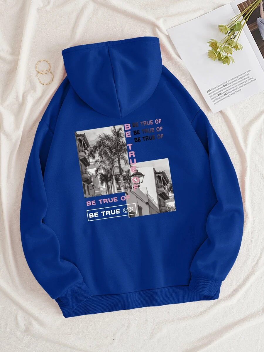 SHEIN EZwear Quần áo thể thao nữ Túi Dây kéo Lá thư Giải trí - Xanh đậm - Xem 1