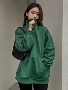 DAZY Letter Embroidery Half Zip Drop Shoulder Kangaroo Pocket Flannel Sweatshirt - Green - View 6