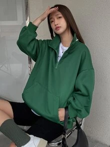 DAZY Letter Embroidery Half Zip Drop Shoulder Kangaroo Pocket Flannel Sweatshirt - Green - View 7