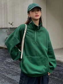 DAZY Letter Embroidery Half Zip Drop Shoulder Kangaroo Pocket Flannel Sweatshirt - Green - View 8