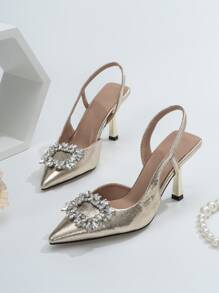 SVRM Fall/Winter 2025 Fashion Women's Black High Heel Pointed Toe Bowknot Rhinestone Decor Sandals, Elegant, Women Pumps, Elegant, Party Outfits - Gold - View 3