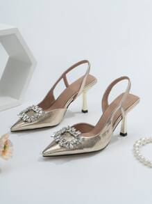 SVRM Fall/Winter 2025 Fashion Women's Black High Heel Pointed Toe Bowknot Rhinestone Decor Sandals, Elegant, Women Pumps, Elegant, Party Outfits - Gold - View 4