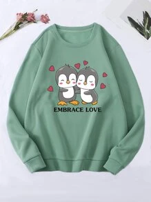 SHEIN LUNE Letter & Cartoon Graphic Thermal Lined Sweatshirt - Mint Green - View 1