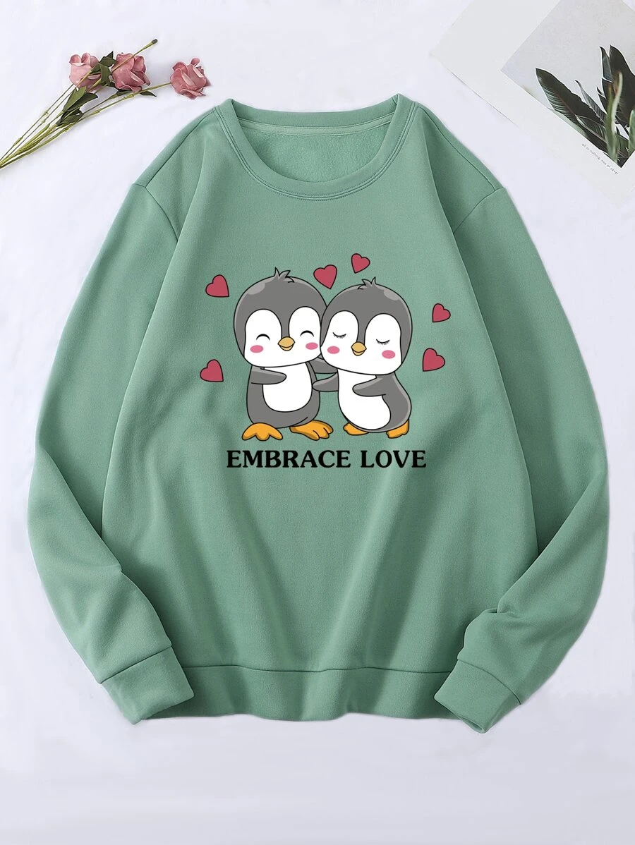 SHEIN LUNE Letter & Cartoon Graphic Thermal Lined Sweatshirt - Mint Green - View 1