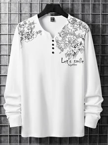 Manfinity 男士花和標語圖案半排扣T恤 - 白色 - 查看 3