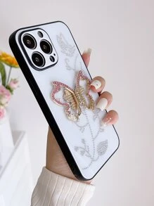Rhinestone Decor Phone Case With Ring Holder - White - View 1