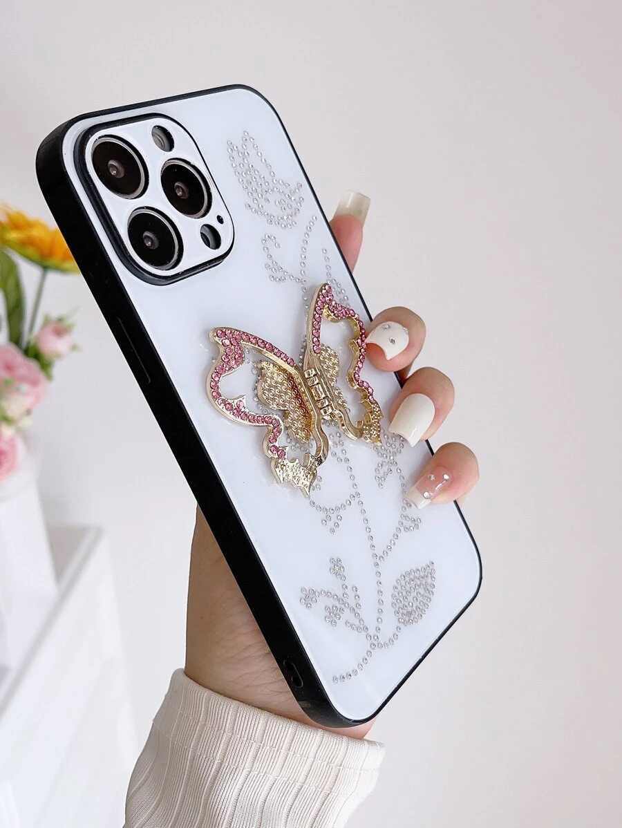 Rhinestone Decor Phone Case With Ring Holder - White - View 1