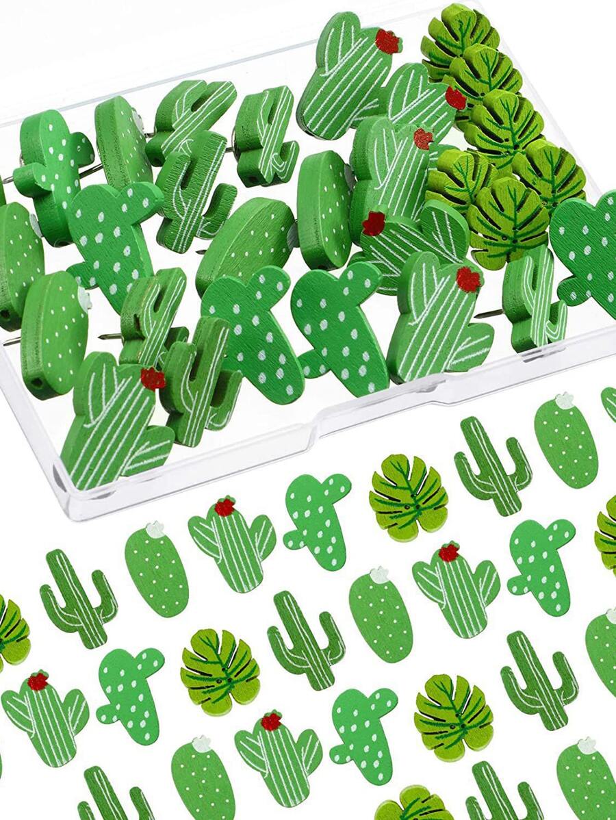 20pcs Cactus & Leaf Design Pushpin - Green - View 1