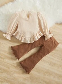SHEIN Leap Crew Young Girl Heart Pattern Flounce Sleeve Peplum Top & Flare Leg Pants
