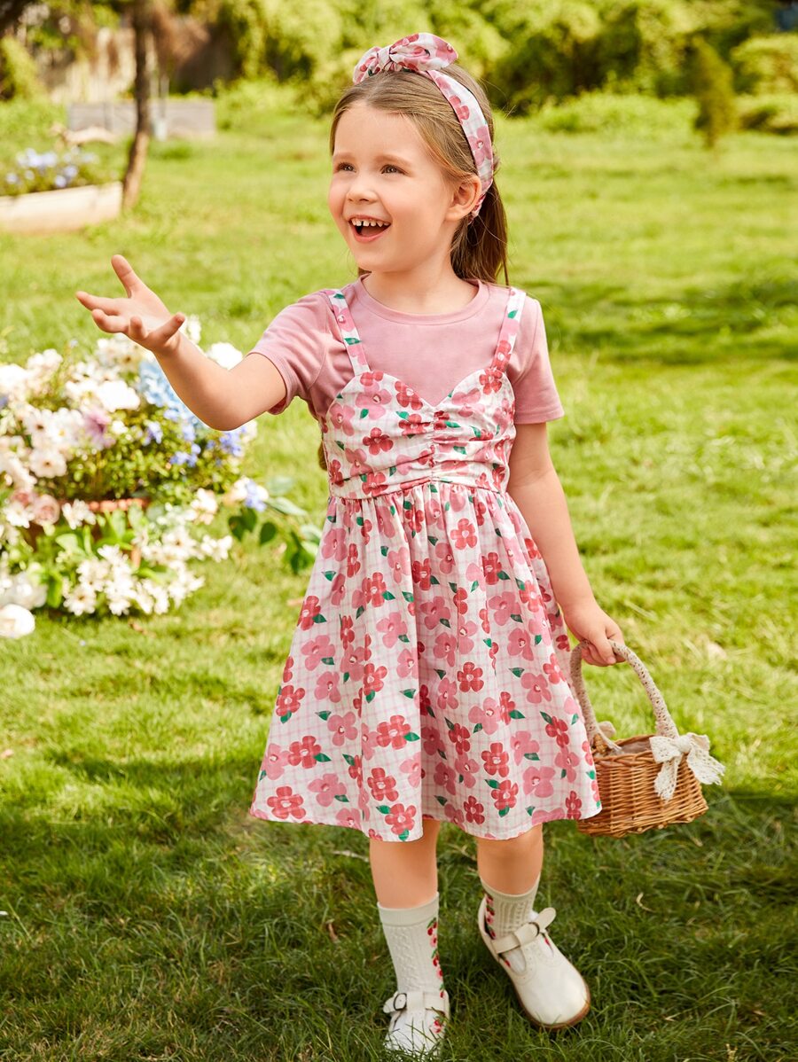 SHEIN Toddler Girls Floral Print Shirred Back Ruched Cami Dress & Tee - Multicolor - View 1