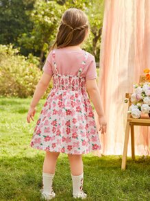 SHEIN Toddler Girls Floral Print Shirred Back Ruched Cami Dress & Tee - Multicolor - View 2