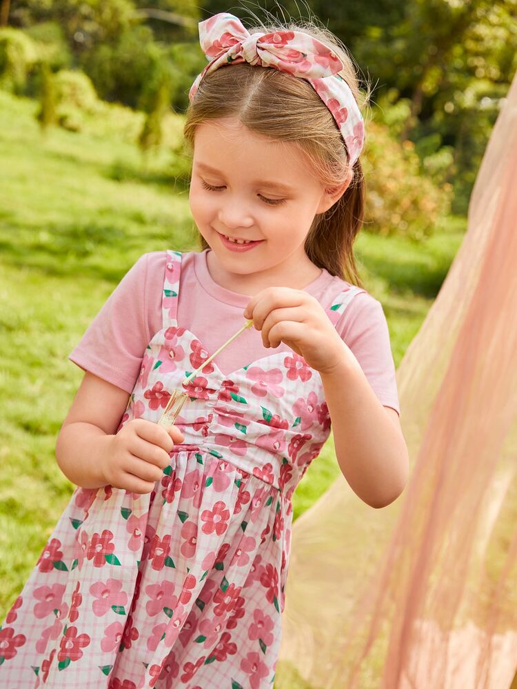 SHEIN Toddler Girls Floral Print Shirred Back Ruched Cami Dress & Tee - Multicolor - View 6