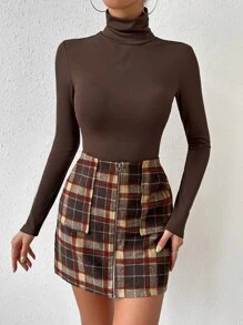 SHEIN Essnce Turtleneck Rib Knit Tee & Plaid Print Zip Fly Skirt - Multicolor - View 1