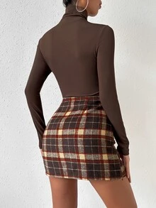 SHEIN Essnce Turtleneck Rib Knit Tee & Plaid Print Zip Fly Skirt - Multicolor - View 2