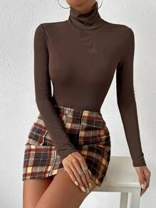 SHEIN Essnce Turtleneck Rib Knit Tee & Plaid Print Zip Fly Skirt - Multicolor - View 3