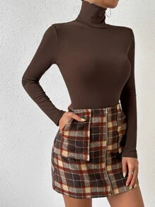 SHEIN Essnce Turtleneck Rib Knit Tee & Plaid Print Zip Fly Skirt - Multicolor - View 4