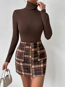 SHEIN Essnce Turtleneck Rib Knit Tee & Plaid Print Zip Fly Skirt - Multicolor - View 5
