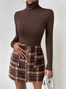 SHEIN Essnce Turtleneck Rib Knit Tee & Plaid Print Zip Fly Skirt - Multicolor - View 6