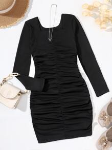 Vestido Ajustado Sólido De Cuello Cuadrado Acanalado Para Niñas En Edad Preadolescente - Negro - Ver 1