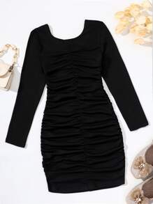 Vestido Ajustado Sólido De Cuello Cuadrado Acanalado Para Niñas En Edad Preadolescente - Negro - Ver 2