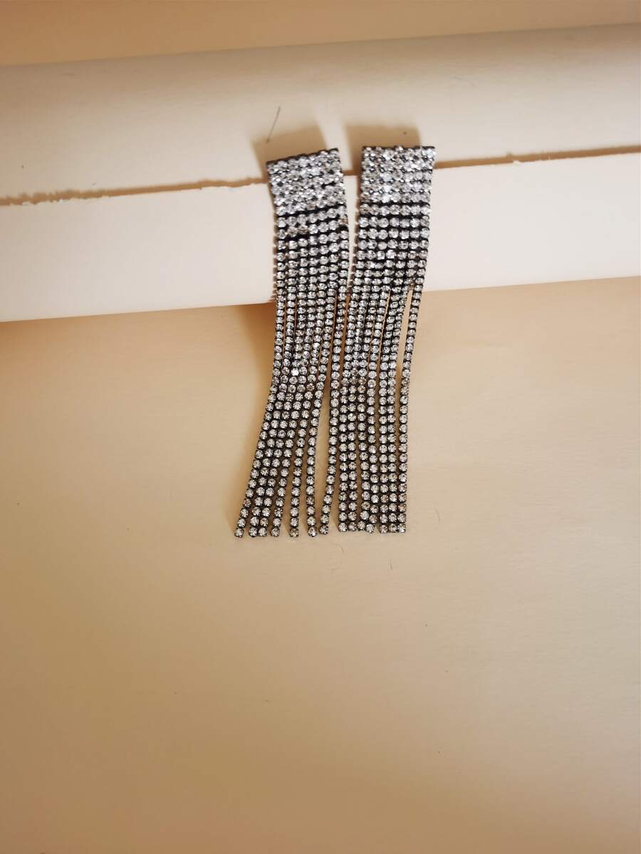 Rhinestone Tassel Drop Earrings - Gun Black - View 1