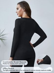 Scallop Lace Trim Solid Thermal Underwear Set - Black - View 4