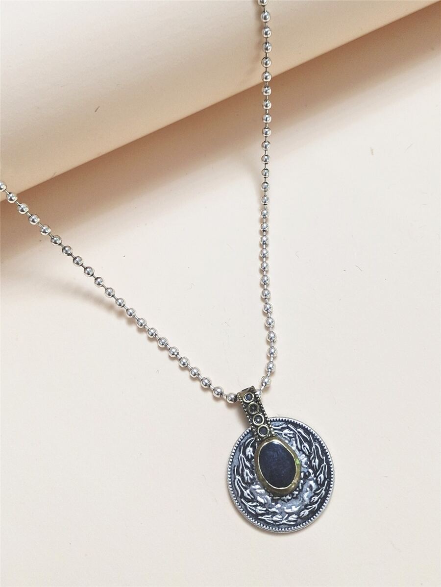 Oval Pendant Necklace - Antique Silver - View 1