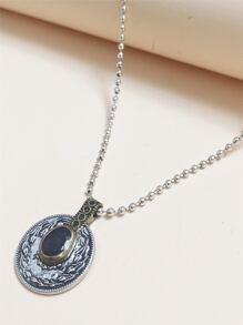 Oval Pendant Necklace - Antique Silver - View 2