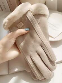 Letter Patch Decor Plush Lined Gloves - Beige - View 1