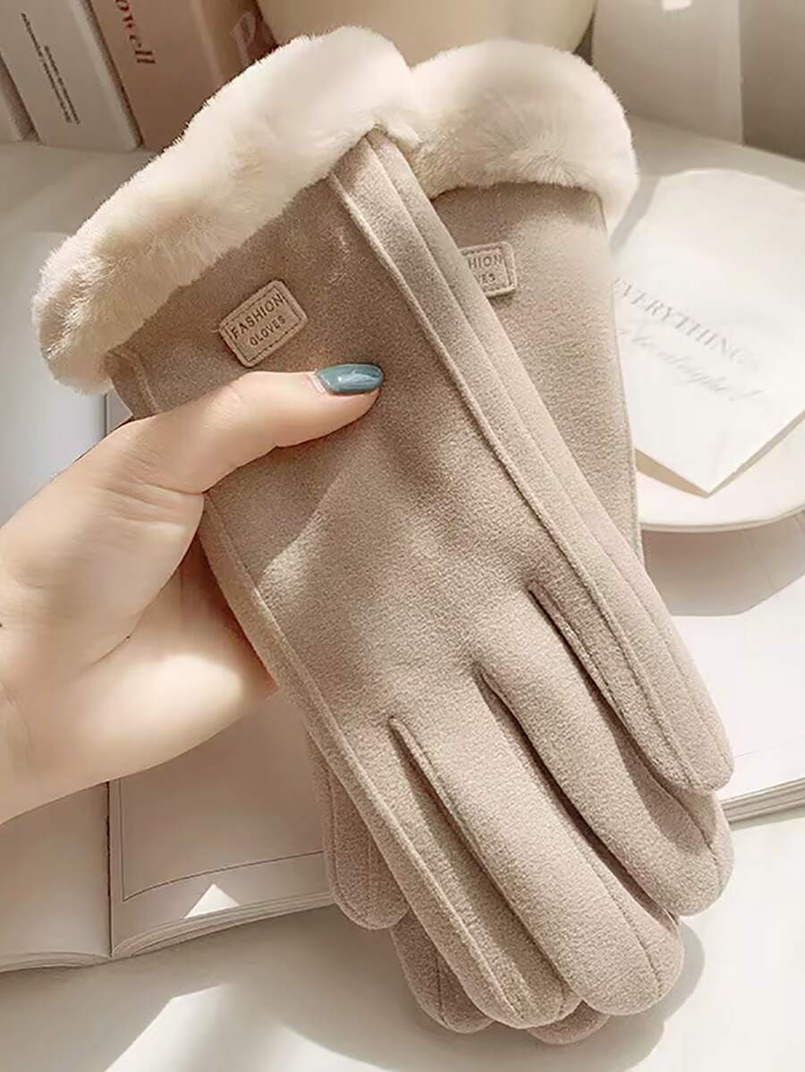 Letter Patch Decor Plush Lined Gloves - Beige - View 1