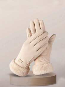 Letter Patch Decor Plush Lined Gloves - Beige - View 2
