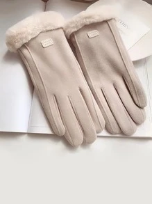 Letter Patch Decor Plush Lined Gloves - Beige - View 4
